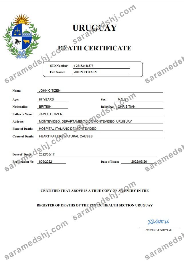 Uruguay death certificate Word and PDF template